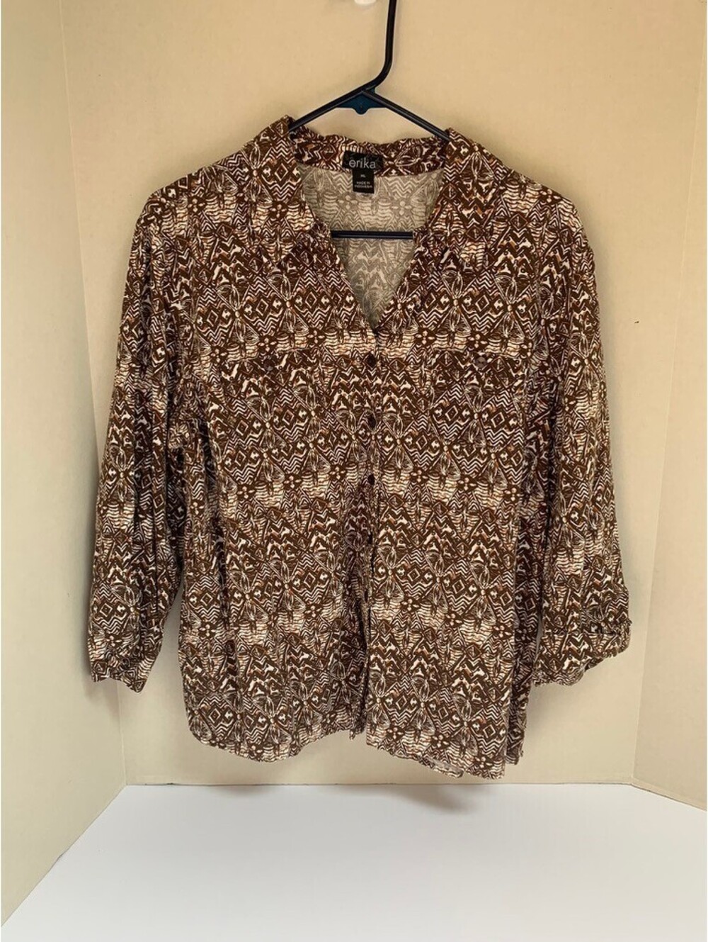 Erika Womens Size XL Brown and Cream Geometric Print Cotton Blouse Shirt